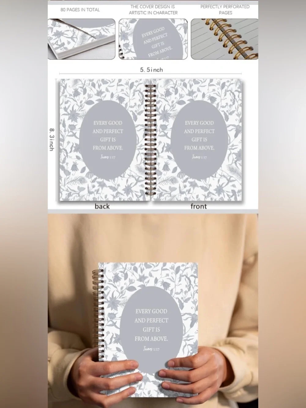 NWT Gray Floral Spiral Journal Notebook - With Inspirational Quote